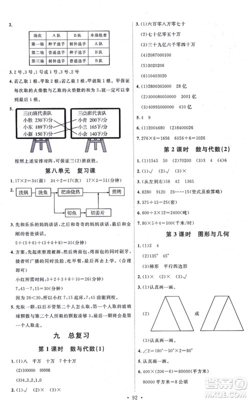 延边教育出版社2021每时每刻快乐优+作业本四年级数学上册RJ人教版答案