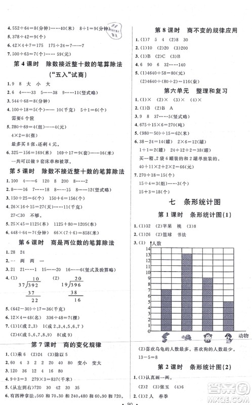 延边教育出版社2021每时每刻快乐优+作业本四年级数学上册RJ人教版答案