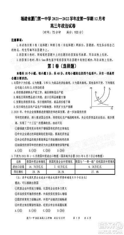 厦门一中2021-2022学年第一学期12月月考高三政治试题及答案 厦门一中2021-2022学年第一学期12月月考高三政治试题及答案