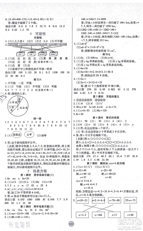 天津科学技术出版社2021云顶课堂五年级数学上册RJ人教版答案