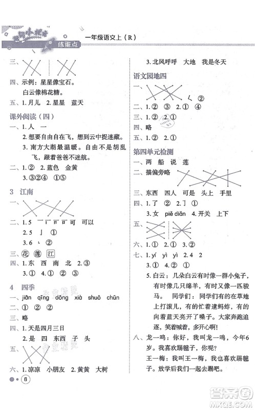 龙门书局2021黄冈小状元练重点培优同步练习一年级语文上册R人教版答案