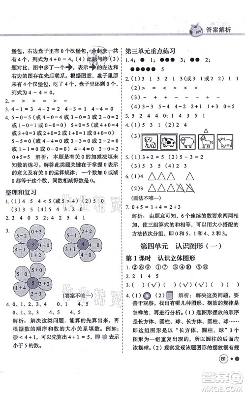 龙门书局2021黄冈小状元练重点培优同步练习一年级数学上册R人教版答案