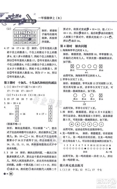 龙门书局2021黄冈小状元练重点培优同步练习一年级数学上册R人教版答案