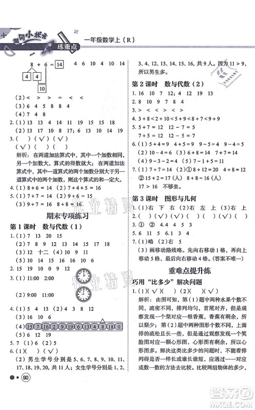 龙门书局2021黄冈小状元练重点培优同步练习一年级数学上册R人教版答案