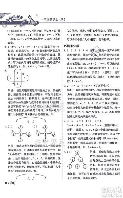 龙门书局2021黄冈小状元练重点培优同步练习一年级数学上册R人教版答案