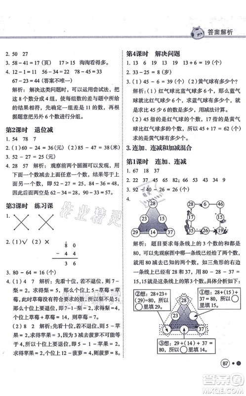 龙门书局2021黄冈小状元练重点培优同步练习二年级数学上册R人教版答案