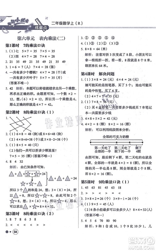 龙门书局2021黄冈小状元练重点培优同步练习二年级数学上册R人教版答案