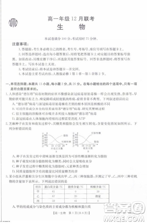2021年河北金太阳高一12月联考生物试题及答案 2021年河北金太阳高一12月联考生物试题及答案