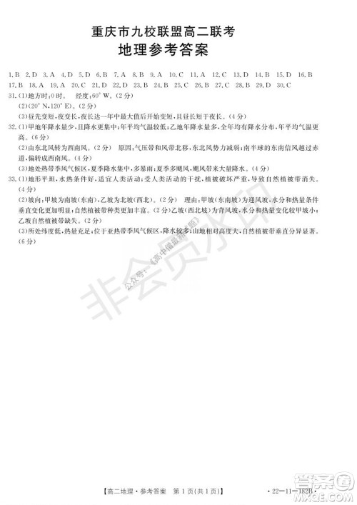 2021年重庆九校联盟高二上学期12月联考地理试题及答案 2021年重庆九校联盟高二上学期12月联考地理试题及答案