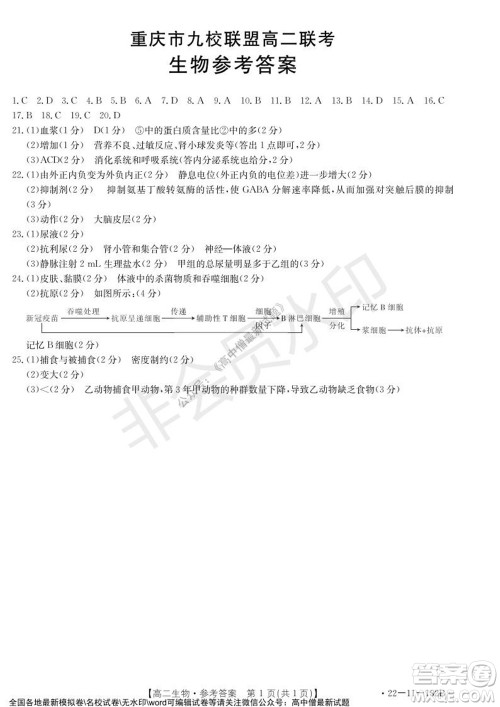 2021年重庆九校联盟高二上学期12月联考生物试题及答案 2021年重庆九校联盟高二上学期12月联考生物试题及答案