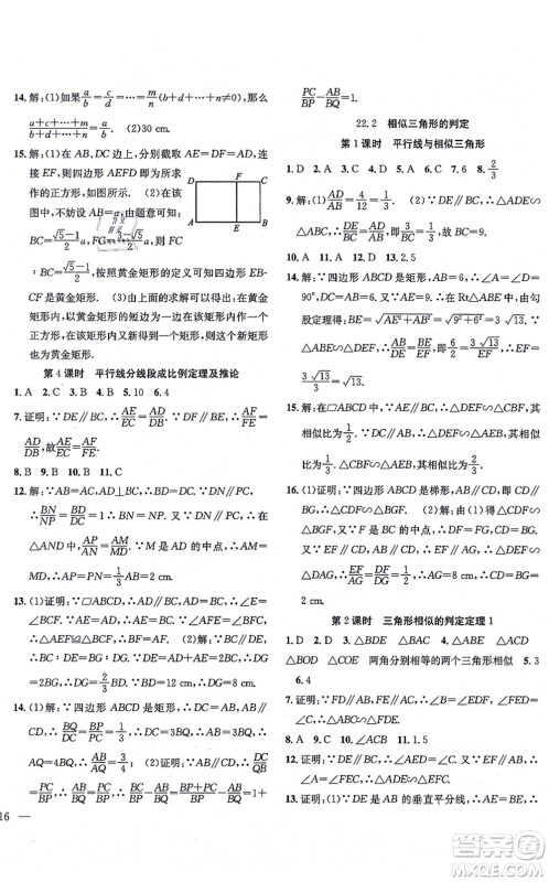 团结出版社2021体验型学案九年级数学上册H沪科版答案