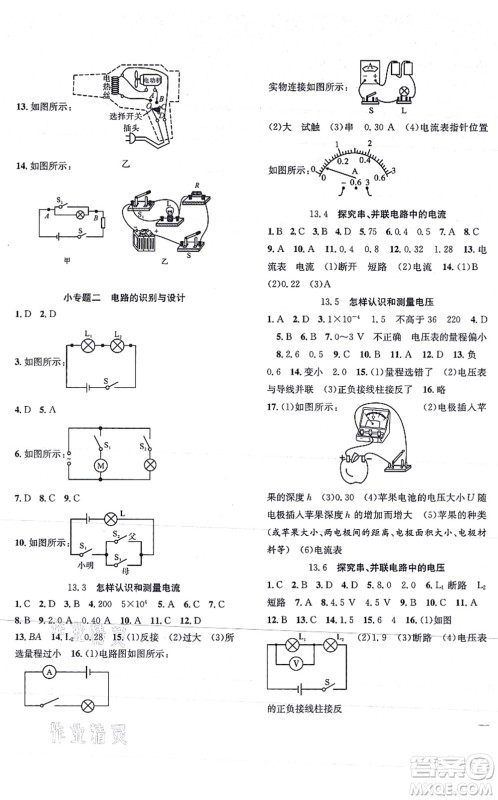 团结出版社2021体验型学案九年级物理上册Y沪粤版答案