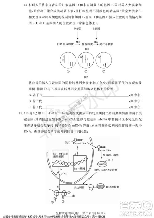 炎德英才大联考雅礼中学2022届高三月考试卷四生物试题及答案