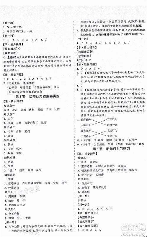 海南出版社2021新课程同步练习册八年级生物上册北师大版答案