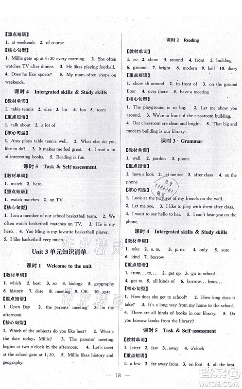 江苏人民出版社2021创新课时作业本七年级英语上册译林版答案