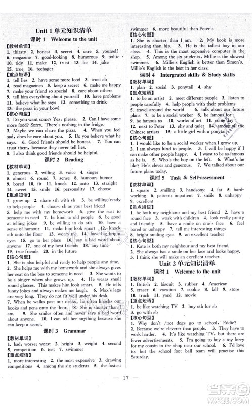 江苏人民出版社2021创新课时作业本八年级英语上册译林版答案