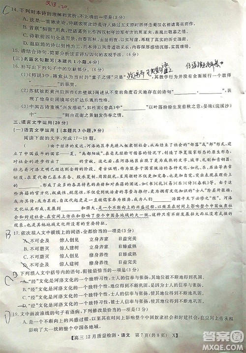 金科大联考2021-2022学年高三12月质量检测语文试题及答案 金科大联考2021-2022学年高三12月质量检测语文试题及答案