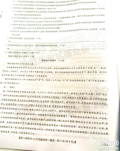 2022届九师联盟高三新高考12月质量检测湖北卷语文试题及答案