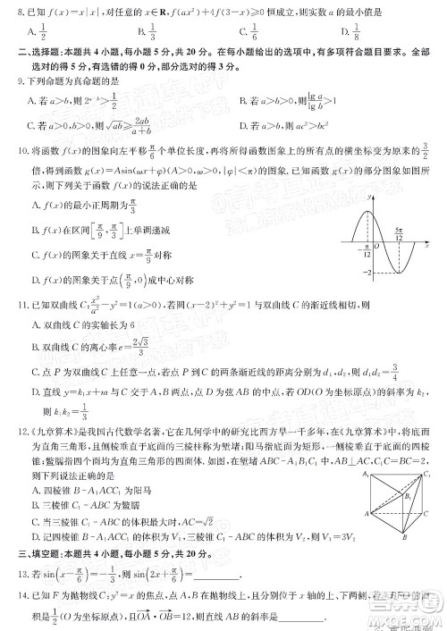 2022届九师联盟高三新高考12月质量检测湖北卷数学试题及答案