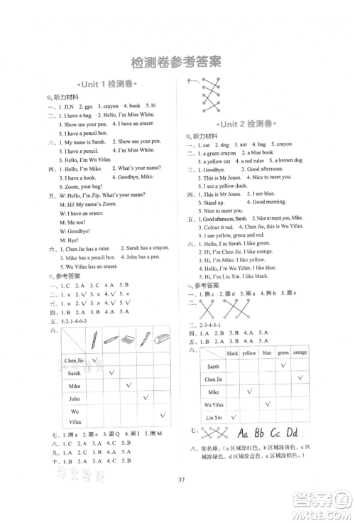 浙江教育出版社2021新东方优学练三年级英语上册人教版参考答案