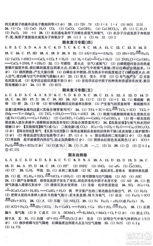 江苏凤凰美术出版社2021创新课时作业九年级化学上册上教版答案