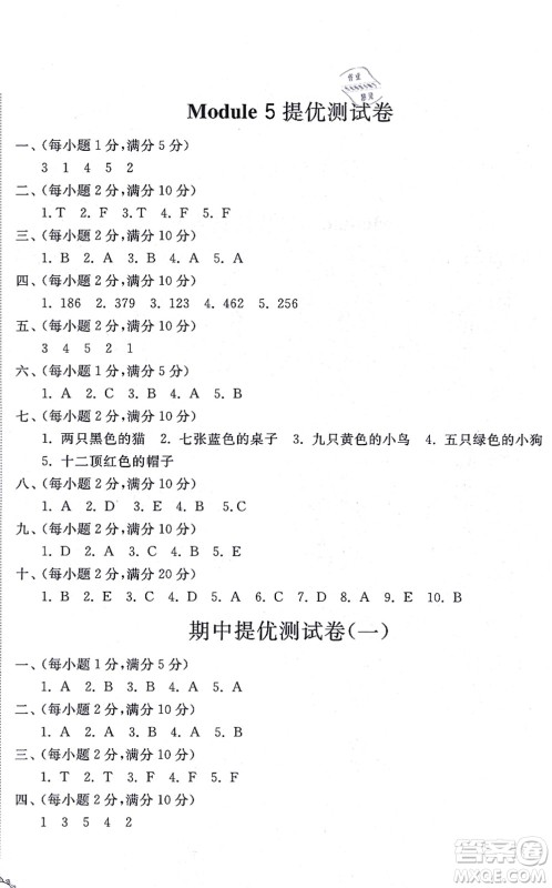 山东友谊出版社2021小学同步练习册提优测试卷三年级英语上册WY外研版答案