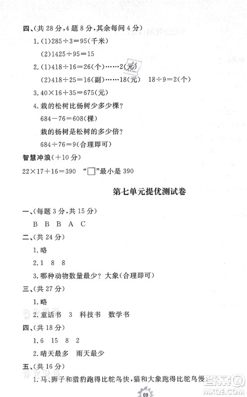 山东友谊出版社2021小学同步练习册提优测试卷四年级数学上册RJ人教版答案