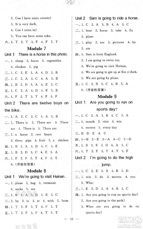 山东友谊出版社2021小学同步练习册提优测试卷四年级英语上册WY外研版答案