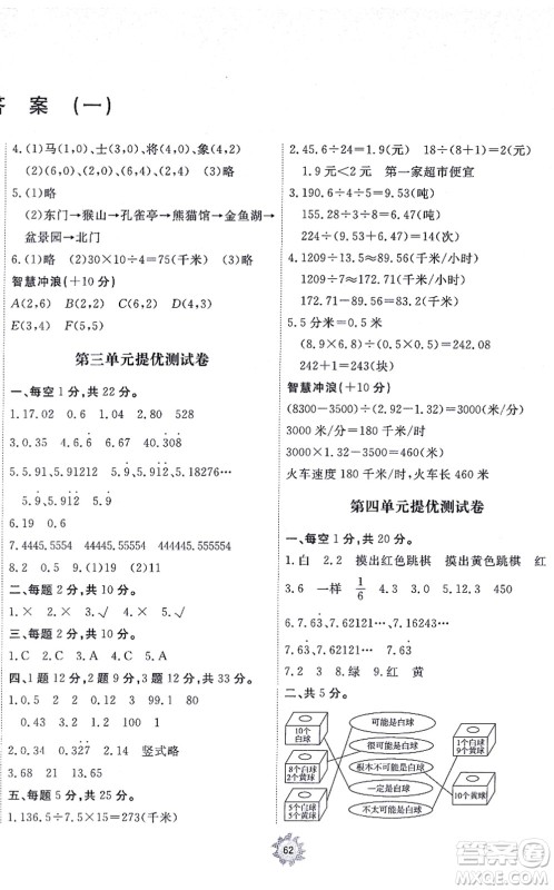 山东友谊出版社2021小学同步练习册提优测试卷五年级数学上册RJ人教版答案