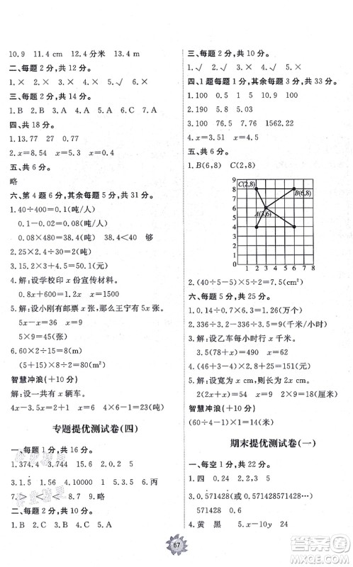 山东友谊出版社2021小学同步练习册提优测试卷五年级数学上册RJ人教版答案