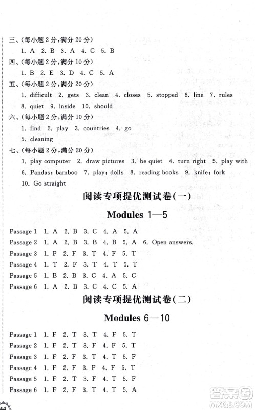 山东友谊出版社2021小学同步练习册提优测试卷六年级英语上册WY外研版答案