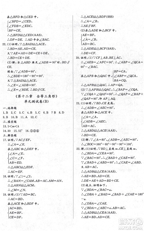 山东友谊出版社2021初中同步练习册提优测试卷八年级数学上册RJ人教版答案