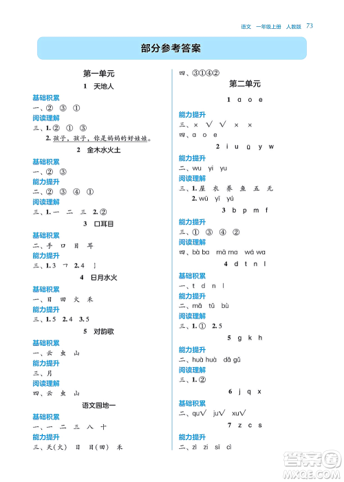 湖南教育出版社2021学法大视野一年级语文上册人教版答案