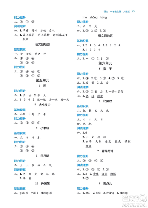 湖南教育出版社2021学法大视野一年级语文上册人教版答案