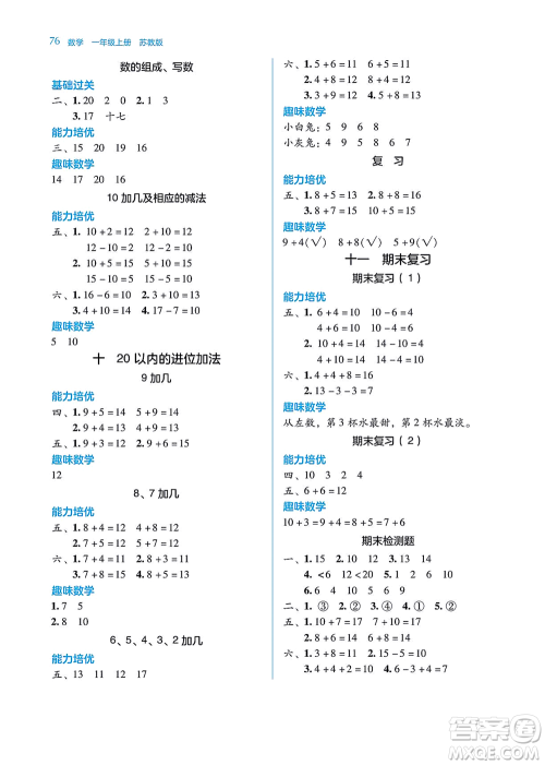 湖南教育出版社2021学法大视野一年级数学上册苏教版答案