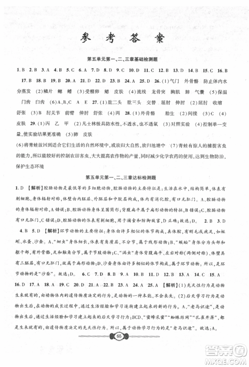 长江少年儿童出版社2021培优好卷金榜名卷单元+期末卷八年级生物上册人教版参考答案 长江少年儿童出版社2021培优好卷金榜名卷单元+期末卷八年级生物上册人教版参考答案