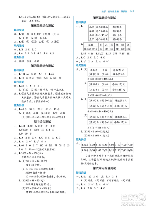 湖南教育出版社2021学法大视野四年级数学上册苏教版答案