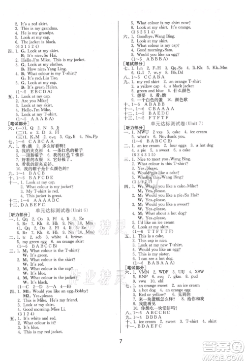 江苏人民出版社2021年1课3练单元达标测试三年级起点三年级英语上册译林版参考答案