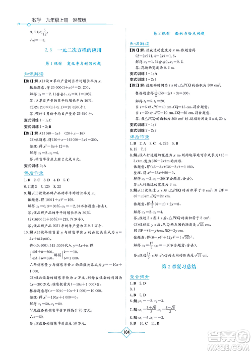 湖南教育出版社2021学法大视野九年级数学上册湘教版答案