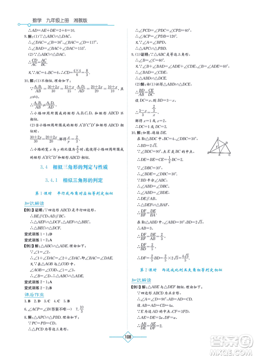 湖南教育出版社2021学法大视野九年级数学上册湘教版答案