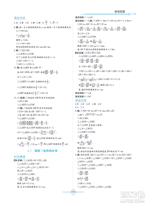 湖南教育出版社2021学法大视野九年级数学上册湘教版答案