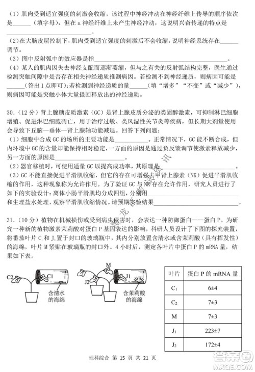 哈三中2021-2022学年高三上学期第四次验收考试理科综合试卷及答案