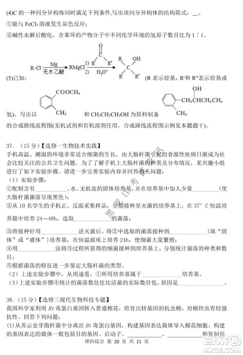 哈三中2021-2022学年高三上学期第四次验收考试理科综合试卷及答案