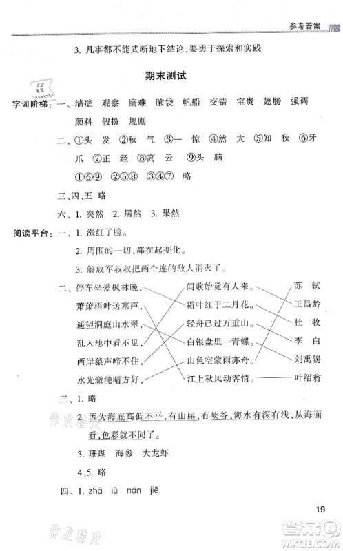 浙江少年儿童出版社2021同步课时特训三年级语文上册R人教版答案