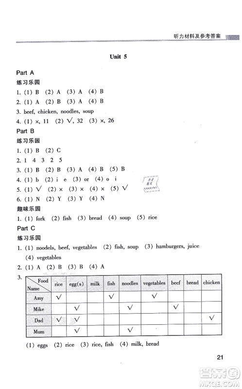 浙江少年儿童出版社2021同步课时特训四年级英语上册R人教版答案