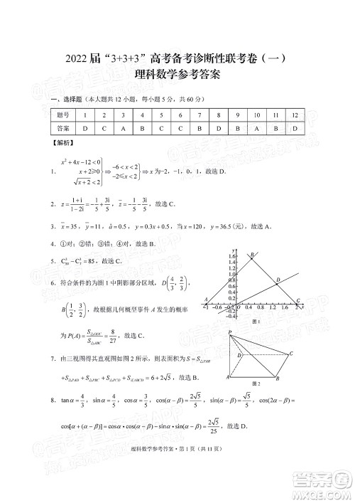 2022届3+3+3高考备考诊断性联考卷一理科数学试题及答案