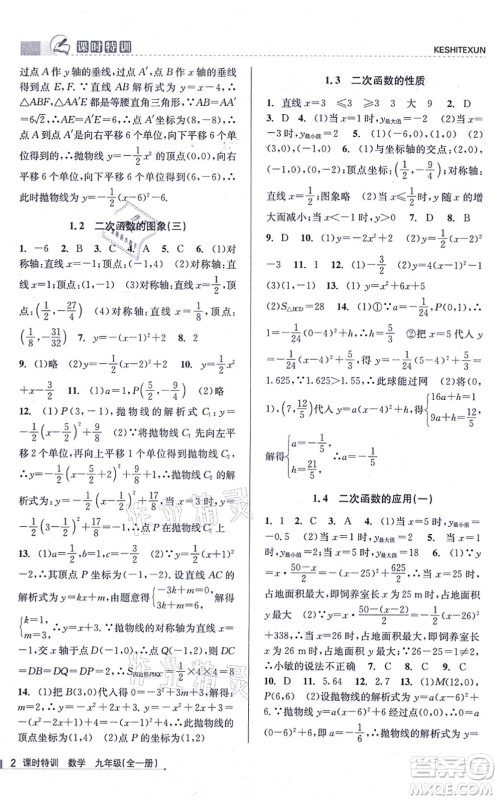 浙江人民出版社2021课时特训九年级数学全一册Z浙教版答案