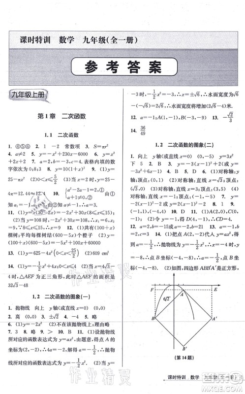 浙江人民出版社2021课时特训九年级数学全一册Z浙教版答案