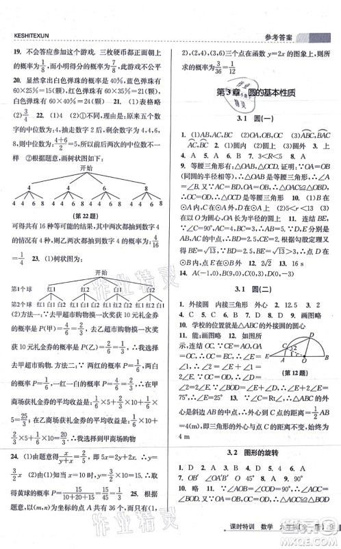 浙江人民出版社2021课时特训九年级数学全一册Z浙教版答案