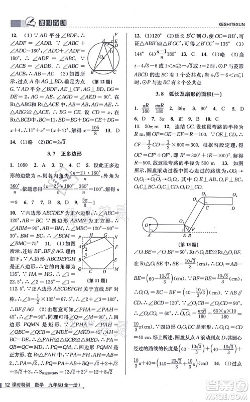 浙江人民出版社2021课时特训九年级数学全一册Z浙教版答案 浙江人民出版社2021课时特训九年级数学全一册Z浙教版答案